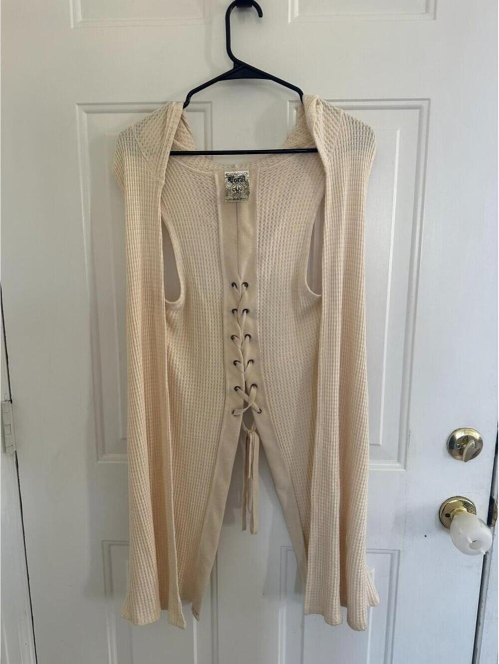 Vocal USA Cream Hooded Duster Vest Lace Up Back Boho Fest